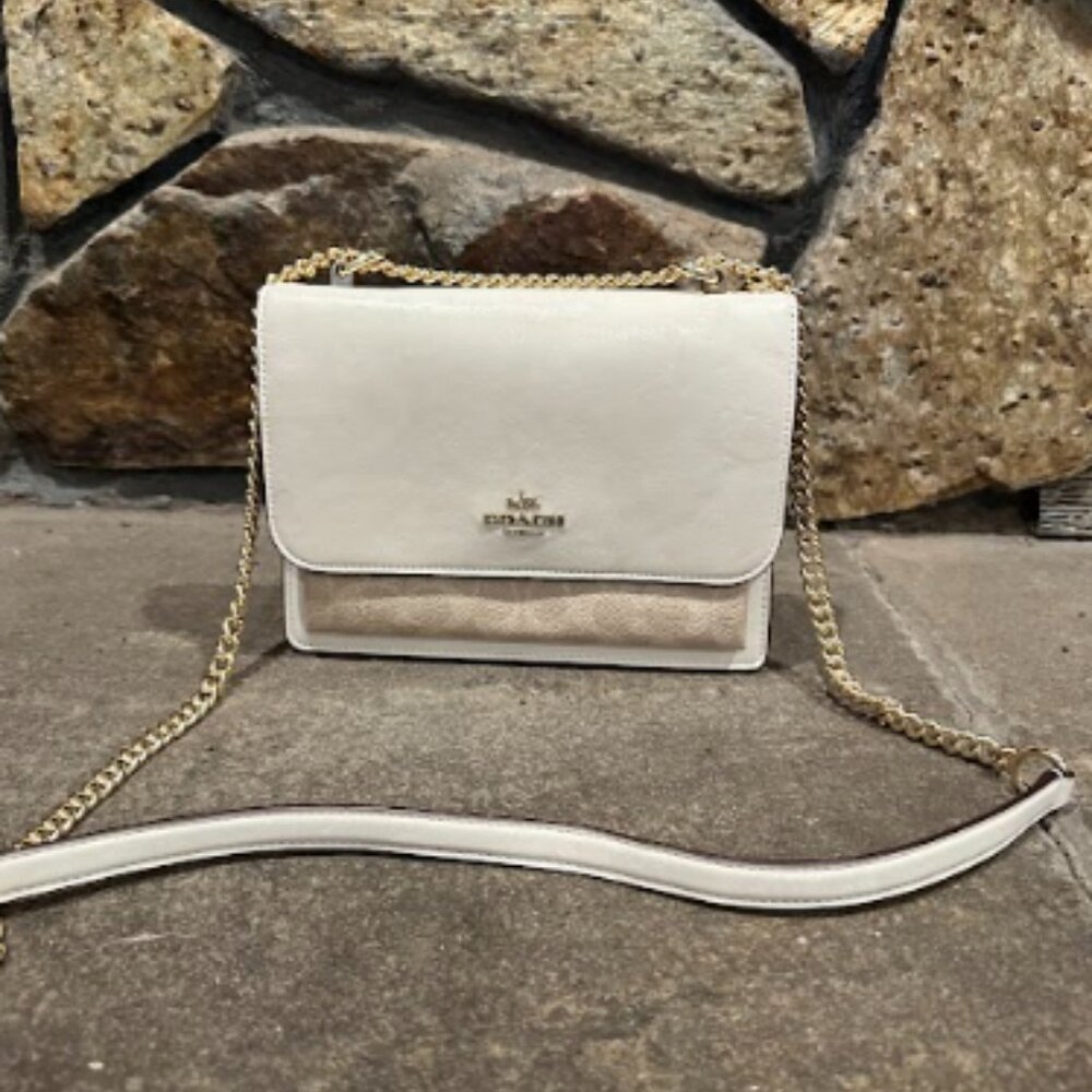 Coach Crossbody Bag Cream & Beige Signature Canvas with Gold Chain Strap